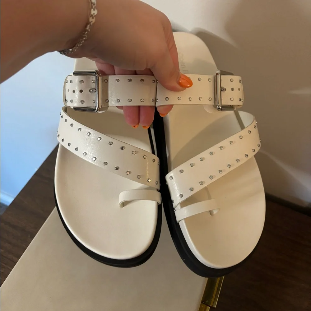 Studded Cream Toe-Loop Slide Sandal